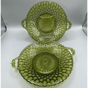 Vtg (2)  MCM Indiana Glass Avocado Green Honeycomb Dish Bowl w/ Handles Set
